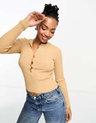 Pull & Bear Ribbed Button Detail Knit Top In Brown | ModeSens