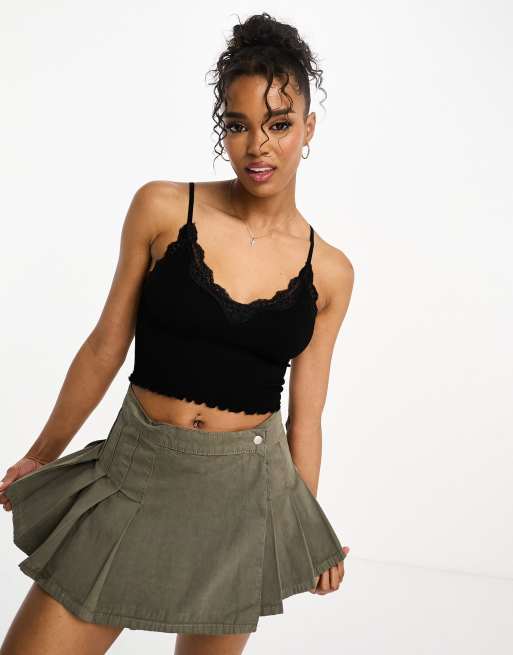 Pull&Bear ribbed cami top with lace trim in black | ASOS