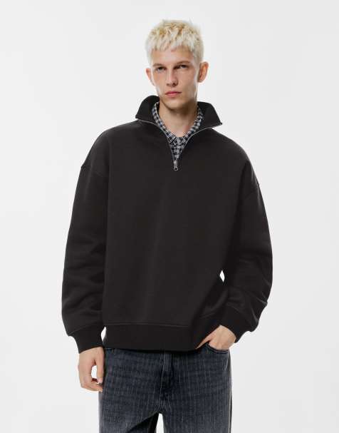 Pull&Bear Ribbed collar zip sweatshirt in black - view 1