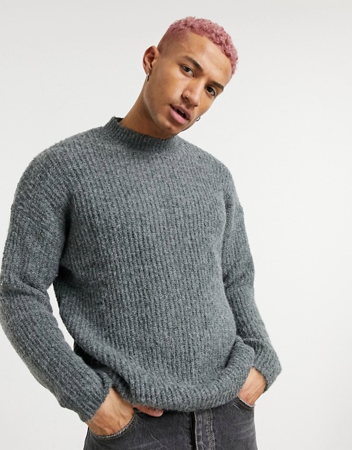 Pull&Bear ribbed crew neck jumper in brown