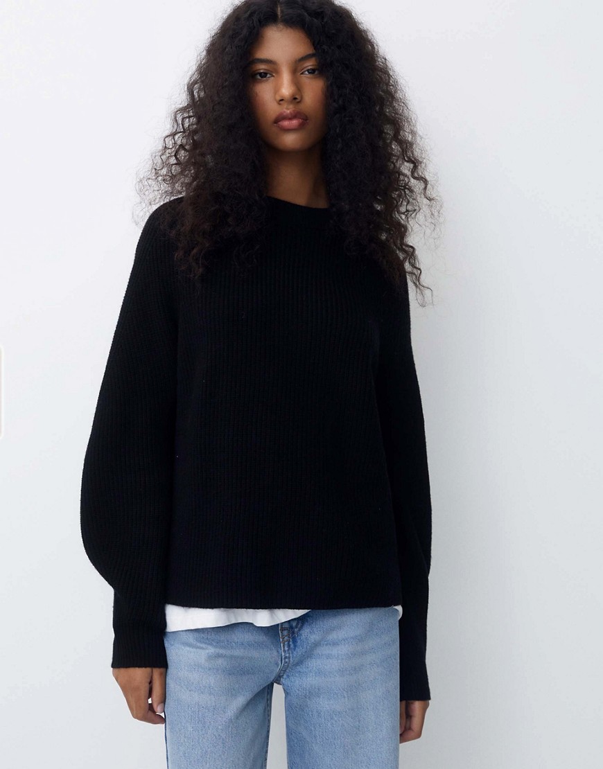Pull & Bear ribbed crew neck knitted jumper in black