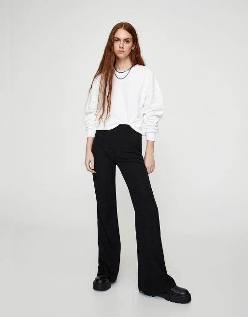 Pull&Bear ribbed flare pants in black