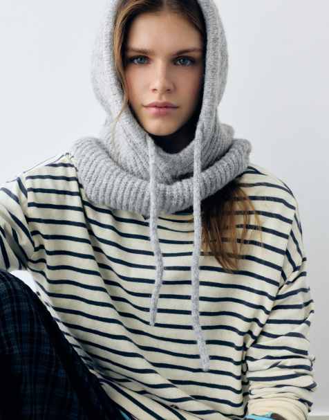 Pull&Bear Ribbed knit balaclava in pale grey with wool - view 1