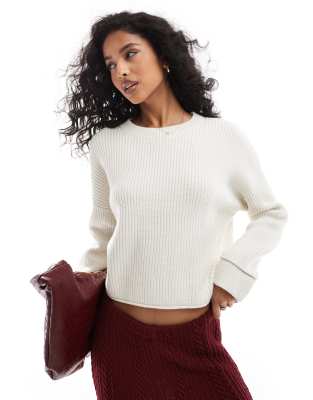 Pull & Bear Ribbed Knit Sweater In Ecru-white