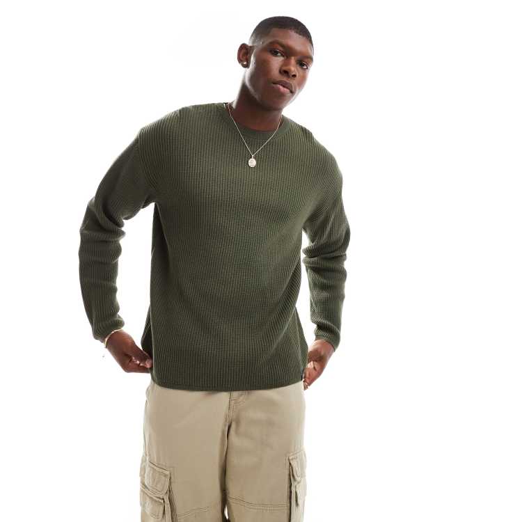 Pull&Bear ribbed knit sweater in khaki | ASOS