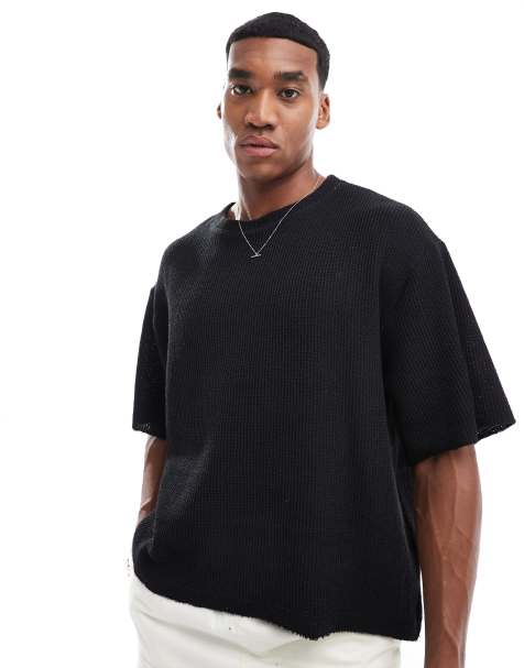 Pull&Bear ribbed knit T-shirt in black - view 1