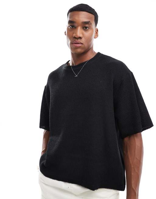 Pull&Bear ribbed knit T-shirt in black