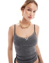 Pull&Bear ribbed lace trim cami top in gray