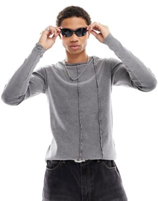 Pull&Bear ribbed long sleeve t-shirt in washed grey
