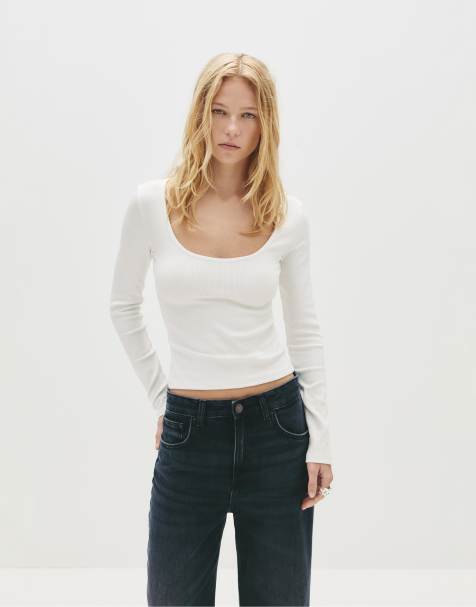 Pull&Bear Ribbed long sleeve t-shirt in white - view 1