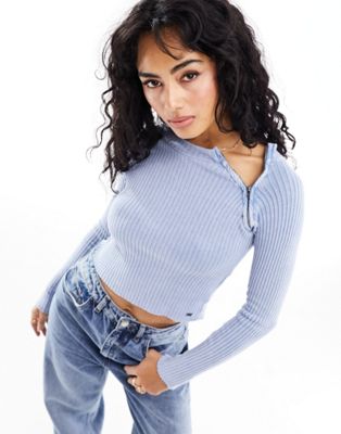 Pull & Bear ribbed long sleeved top with zip shoulder detail in blue