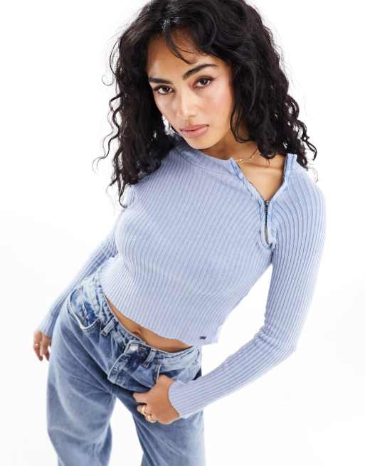 Pull&Bear ribbed long sleeved top with zip shoulder detail in blue | ASOS
