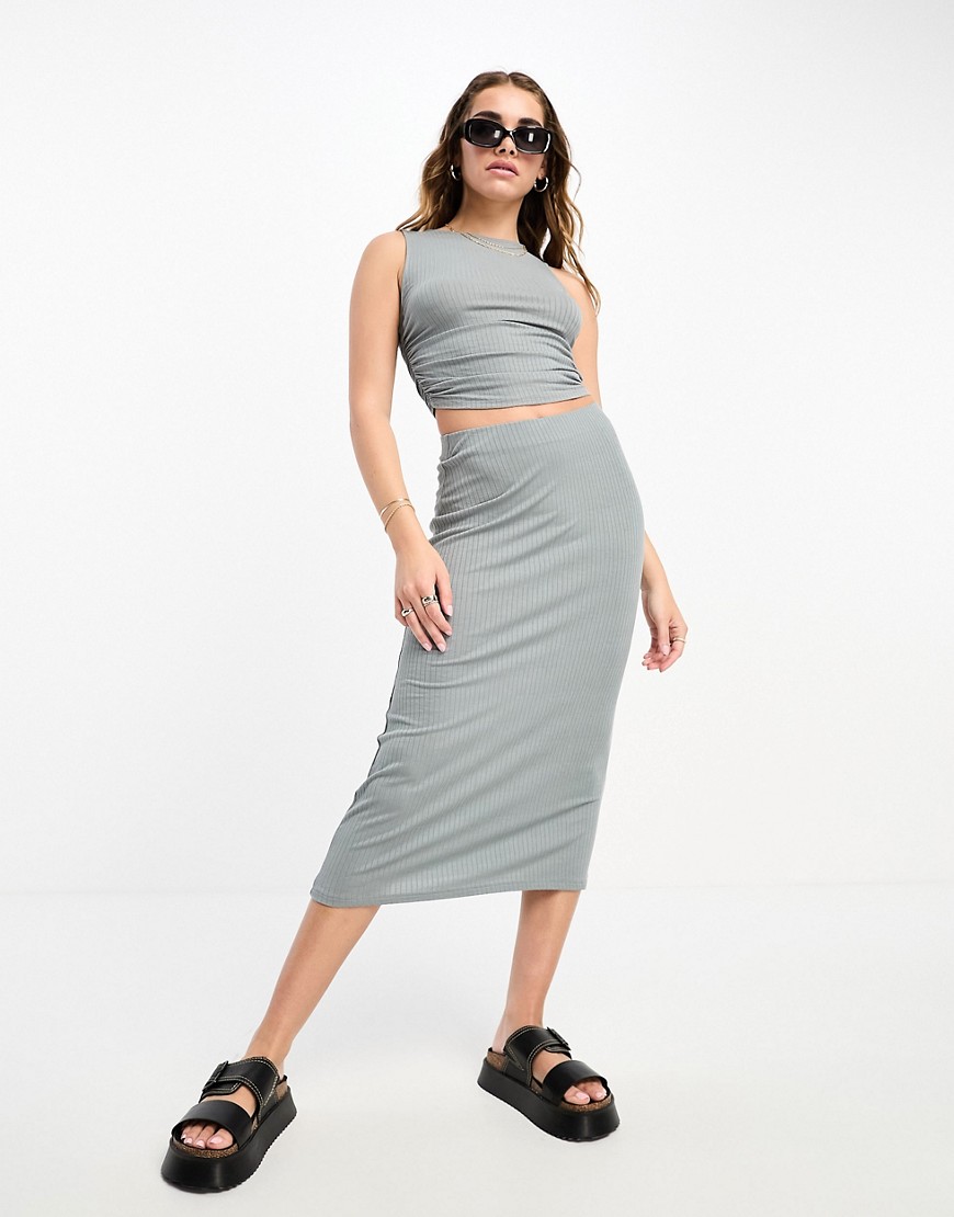 Pull & Bear ribbed midaxi column skirt co-ord in dusty blue
