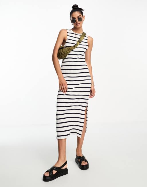 Pullu0026Bear ribbed midi dress in black u0026 white stripe | ASOS