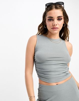 Pull&Bear ribbed racer vest co-ord in dusty blue