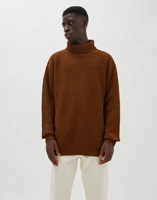 Pull&Bear ribbed roll jumper neck in brown