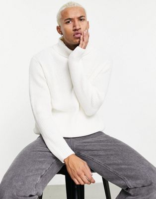 Pull&Bear ribbed roll jumper neck in white