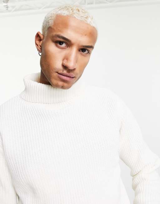 Pull Bear ribbed roll jumper neck in white