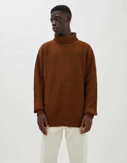 Pull&bear Ribbed Roll Neck Sweater In Brown 