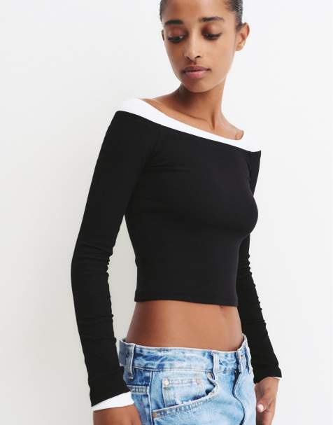 Pull&Bear Ribbed scoop neck t-shirt in black - view 1
