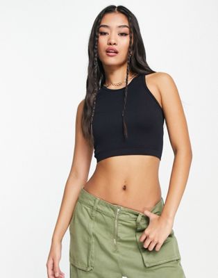 Pull&Bear ribbed seamless cropped top co-ord in black