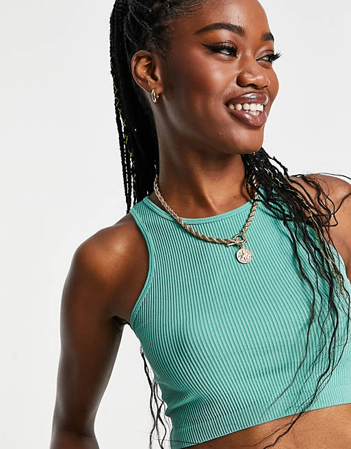 Pull&Bear ribbed seamless cropped top in green | ASOS
