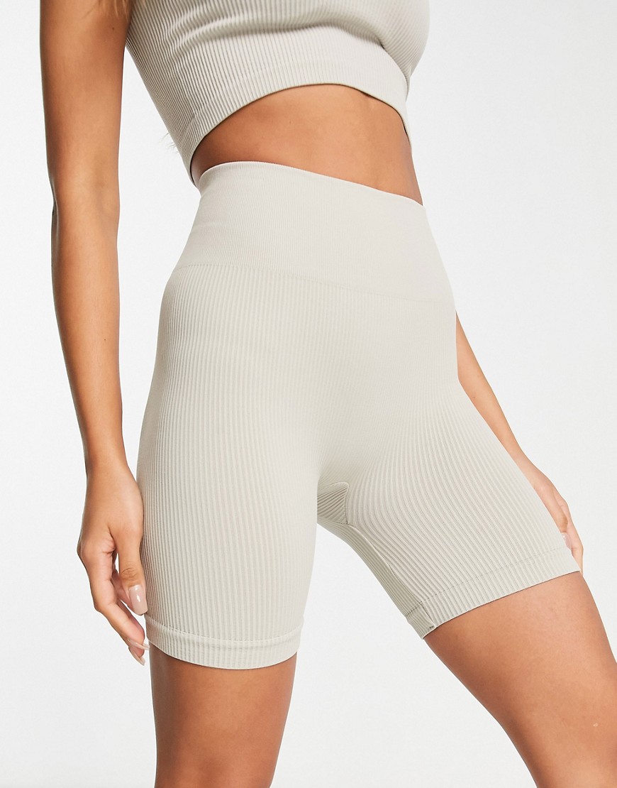 Pull & Bear ribbed seamless legging shorts in sand-Neutral