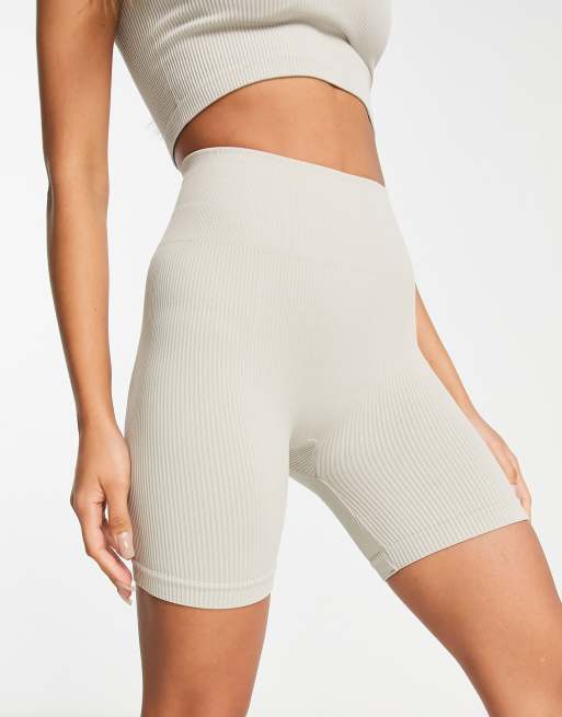 Pull&Bear ribbed seamless legging shorts in sand