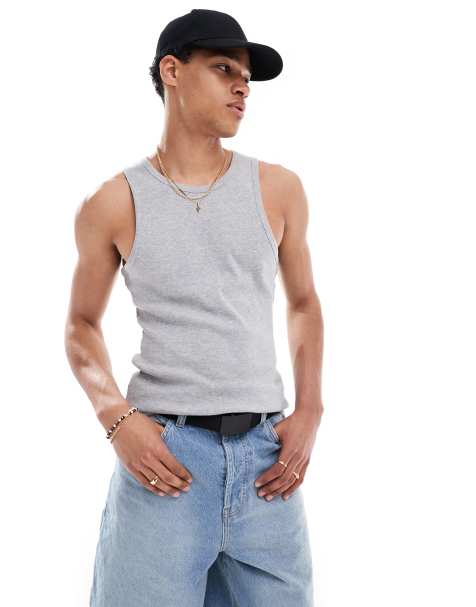Pull&Bear ribbed singlet in grey - view 1