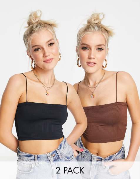 Pull&Bear ribbed strappy crop top in black and brown - view 1