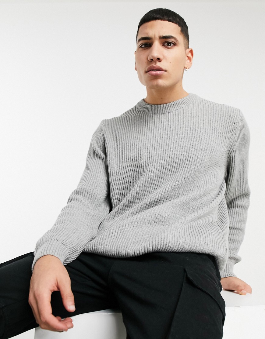 Pull & Bear ribbed sweater with crew neck in gray-Grey