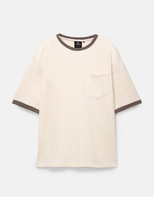 Pull&Bear ribbed waffle knit t-shirt in beige