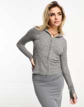 COLLUSION cable knit oversized collar zip through sweater in gray