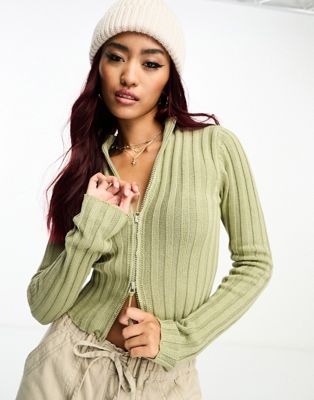 Pull & Bear Ribbed Zip Through Knitted Top In Green Acid Wash