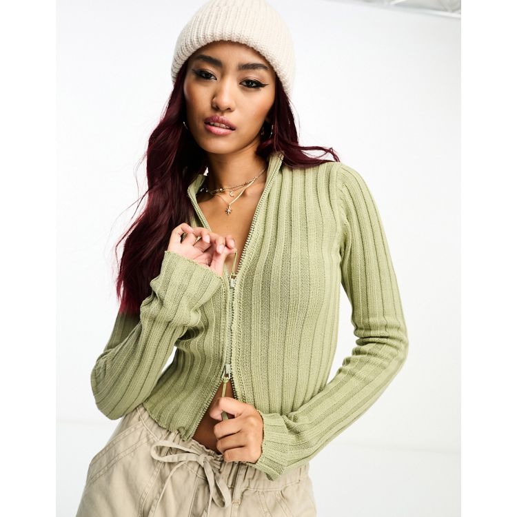 Pull&Bear ribbed zip through knitted top in green acid wash | ASOS