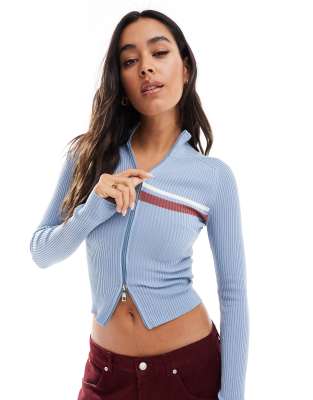 Pull & Bear Ribbed Zip Through Sweater With Stripe Detail In Blue