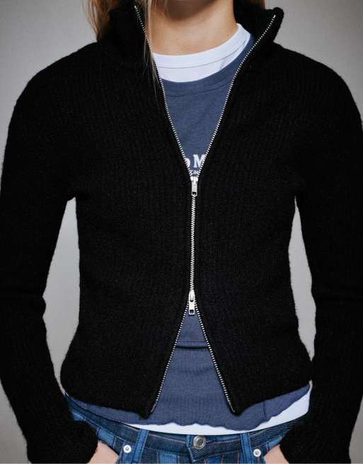 Pull&Bear Ribbed zip-up cardigan in black, 5 of 7