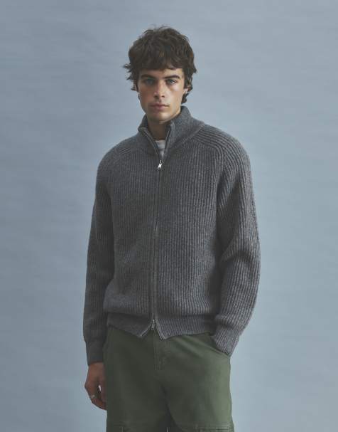 Pull&Bear Ribbed zip-up cardigan in dark anthracite - view 1