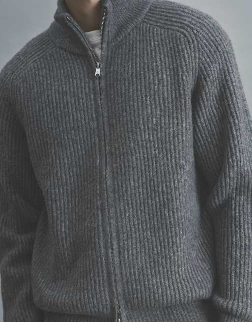 Pull&Bear Ribbed zip-up cardigan in dark anthracite, 3 of 7