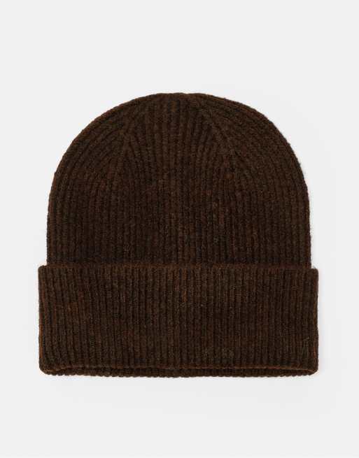 Pull&Bear ribbstickad mössa i brunt med ull, 4 av 4