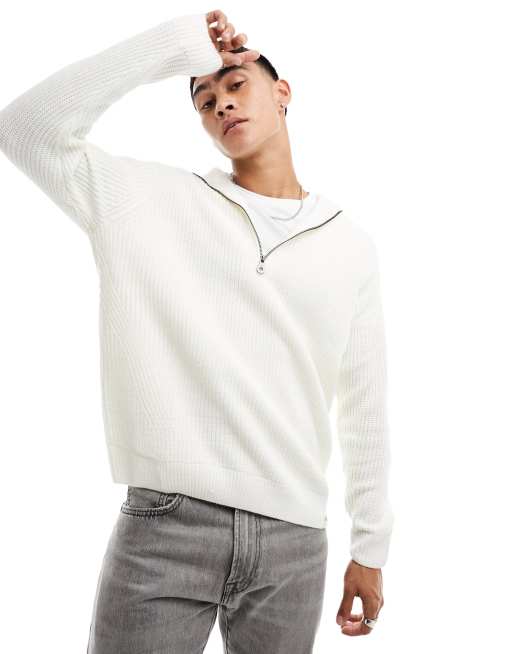 Pull&Bear - Ribstrikket trøje med 1/4 lynlås i ecrufarve