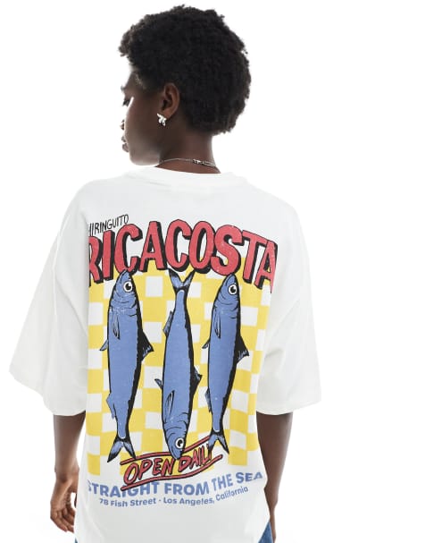 Pull&Bear Ricacosta sardines graphic t-shirt in white - view 1