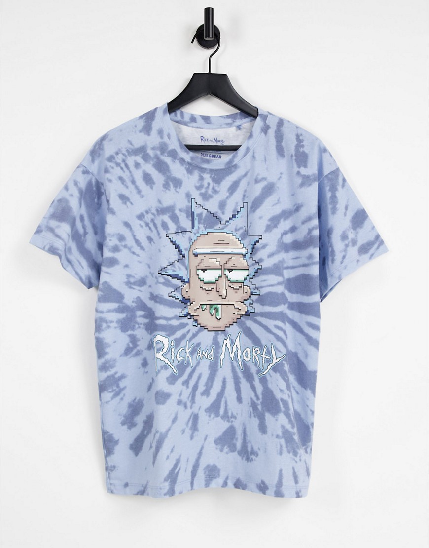 Pull & Bear Rick and Morty T-shirt in light blue tie dye-Grey