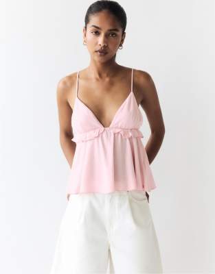 Pull & Bear - Riemchen-Top in Rosa mit Rüschen