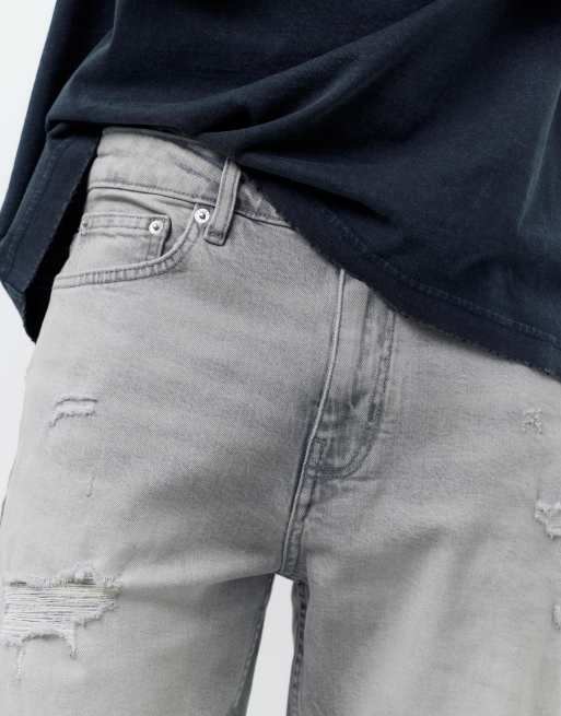 Pull&Bear Ripped denim bermuda shorts in dark grey, 4 of 4