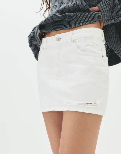 Pull&Bear Ripped denim mini skirt in white ASOS