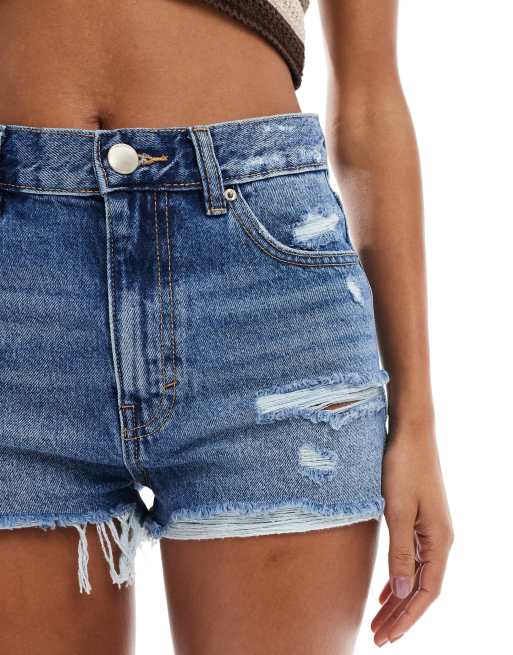 Pull&Bear ripped denim shorts in mid blue