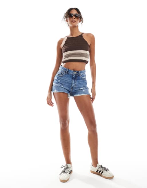 Pull&Bear ripped denim shorts in mid blue