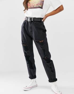 black high waisted ripped mom jeans