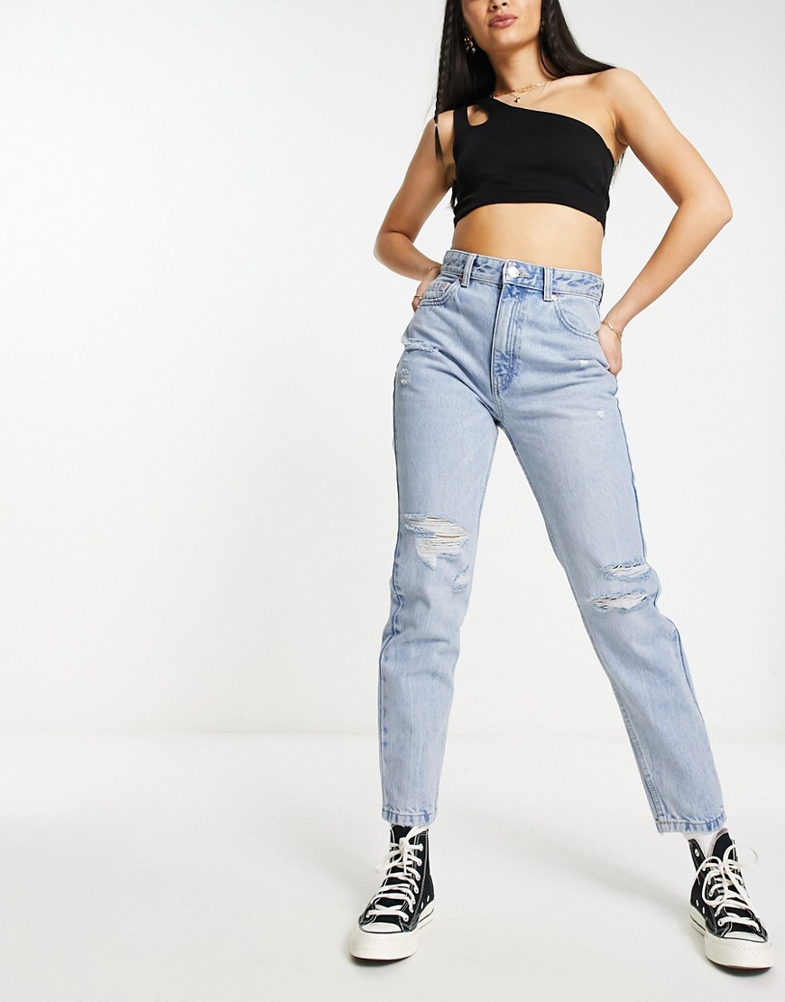 Pull & Bear Ripped Mom Jeans In Light Blue